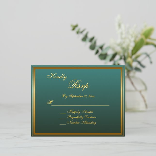 Elegant Classic Gold Script Wedding RSVP Card (Standing Front)