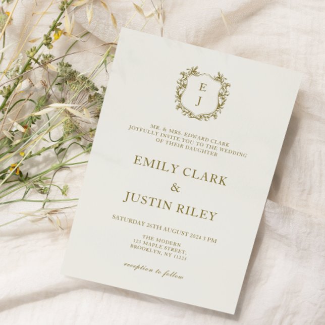 Elegant Classic Golden Crest Monogram Wedding  Invitation (Creator Uploaded)