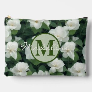 Elegant classic green botanical white floral accessory pouch