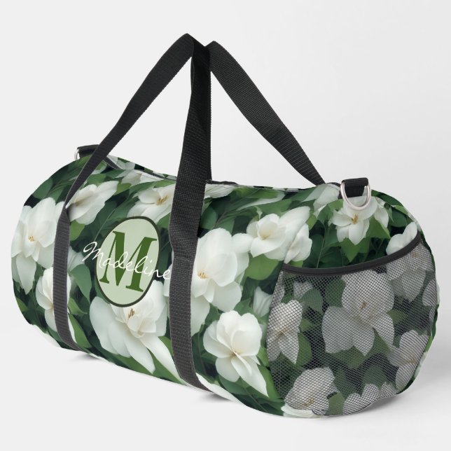 Elegant classic green botanical white floral duffle bag (Right Corner)