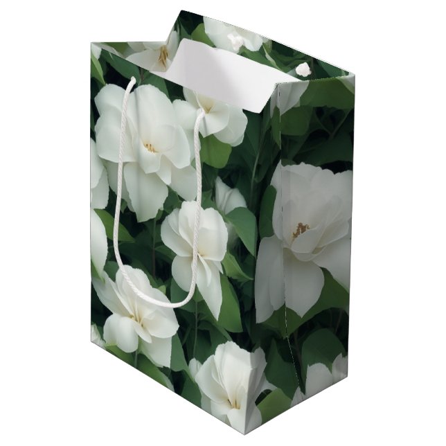Elegant classic green botanical white floral medium gift bag (Front Angled)