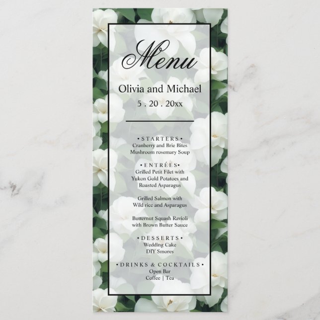 Elegant classic green botanical white floral menu (Front)