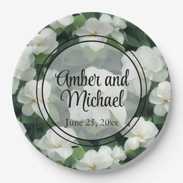 Elegant classic green botanical white floral paper plate (Front)