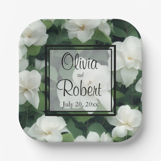Elegant classic green botanical white floral paper plate (Front)