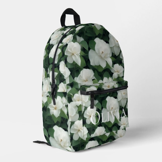 Elegant classic green botanical white floral printed backpack (Back Corner Left)