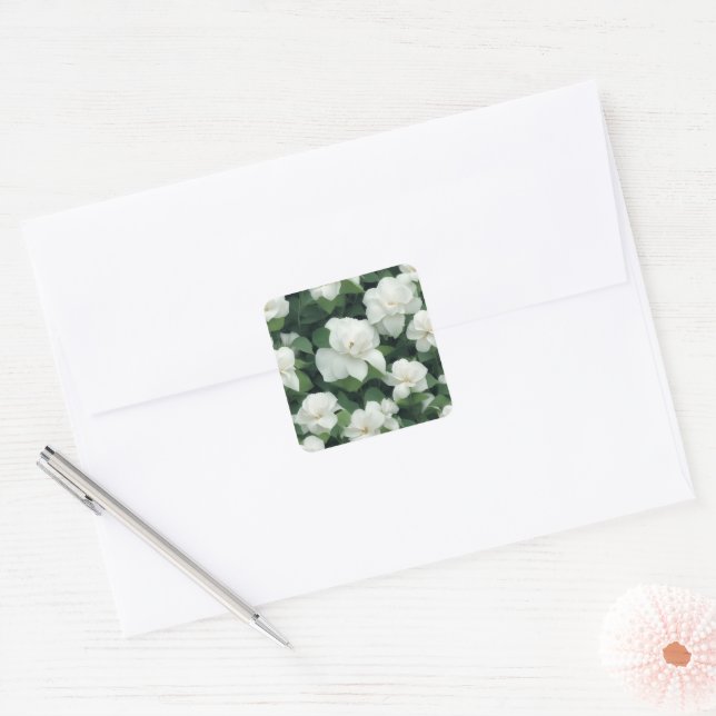 Elegant classic green botanical white floral square sticker (Envelope)