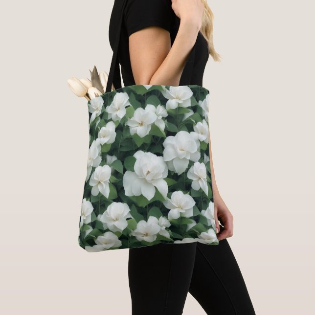 Elegant classic green botanical white floral tote bag (Close Up)
