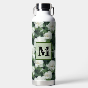 Elegant classic green botanical white floral water water bottle