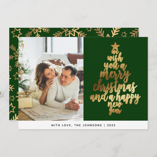Elegant Classic Green Gold Family Photo Christmas Holiday Card (Front/Back)