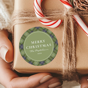 Elegant Classic Green Plaid Merry Christmas Round Sticker