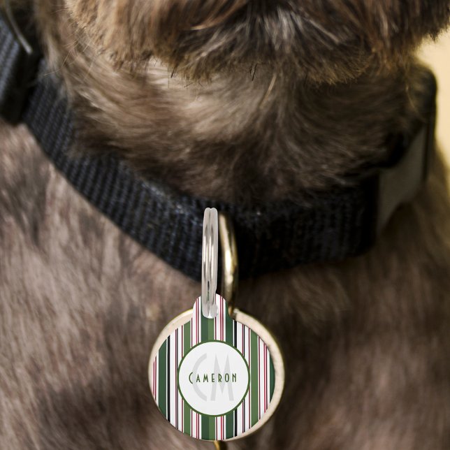 Elegant Classic Green Striped Monogram Pet Tag (Elegant Classic Green Striped Monogram Pet ID Tag)