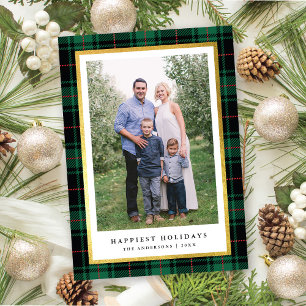Elegant Classic Green Tartan Gold Frame Photo Holiday Card