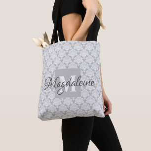 Elegant Classic Grey & Whit Damask Monogram & Name Tote Bag