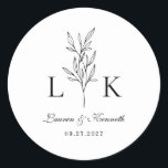 Elegant Classic Leaf Monogram Wedding Classic Round Sticker<br><div class="desc">Elegant black and white leaf monogram round sticker.</div>