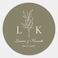 Elegant Classic Leaf Monogram Wedding Olive Green