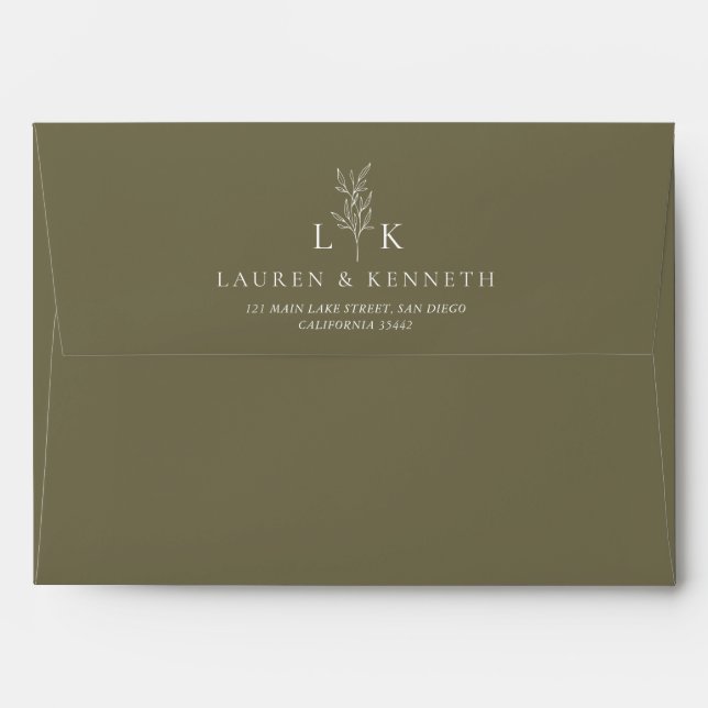 Elegant Classic Leaf Monogram Wedding Olive Green Envelope (Back (Top Flap))