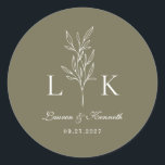 Elegant Classic Leaf Monogram Wedding Olive Green Round Sticker<br><div class="desc">Elegant olive green leaf monogram round sticker.</div>