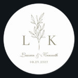 Elegant Classic Leaf Monogram Wedding Olive Green Round Sticker<br><div class="desc">Elegant olive green leaf monogram round sticker.</div>