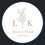 Elegant Classic Leaf Monogram Wedding Olive Green Round Sticker<br><div class="desc">Elegant olive green leaf monogram round sticker.</div>