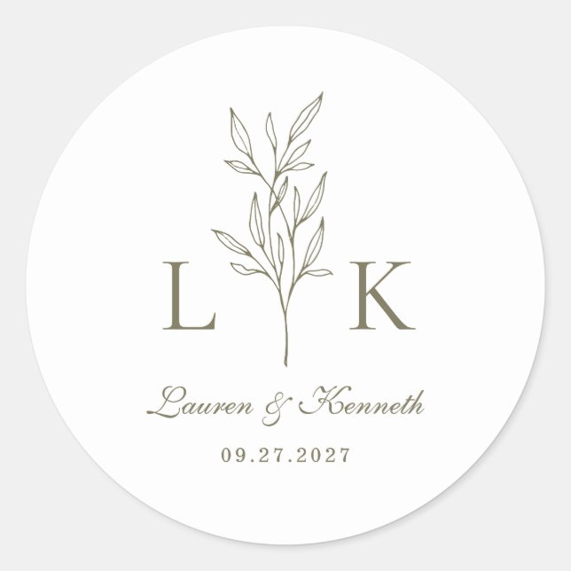 Elegant Classic Leaf Monogram Wedding Olive Green Round Sticker (Front)