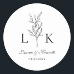 Elegant Classic Leaf Monogram Wedding Round Sticker<br><div class="desc">Elegant black and white leaf monogram round sticker.</div>