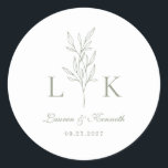 Elegant Classic Leaf Monogram Wedding Sage Green Classic Round Sticker<br><div class="desc">Elegant sage green leaf monogram round sticker.</div>