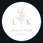 Elegant Classic Leaf Monogram Wedding Sage Green Round Sticker<br><div class="desc">Elegant sage green leaf monogram round sticker.</div>