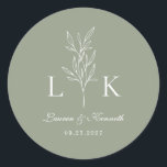 Elegant Classic Leaf Monogram Wedding Sage Green Round Sticker<br><div class="desc">Elegant sage green leaf monogram round sticker.</div>