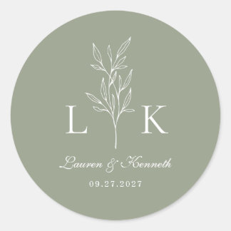 Elegant Classic Leaf Monogram Wedding Sage Green Round Sticker