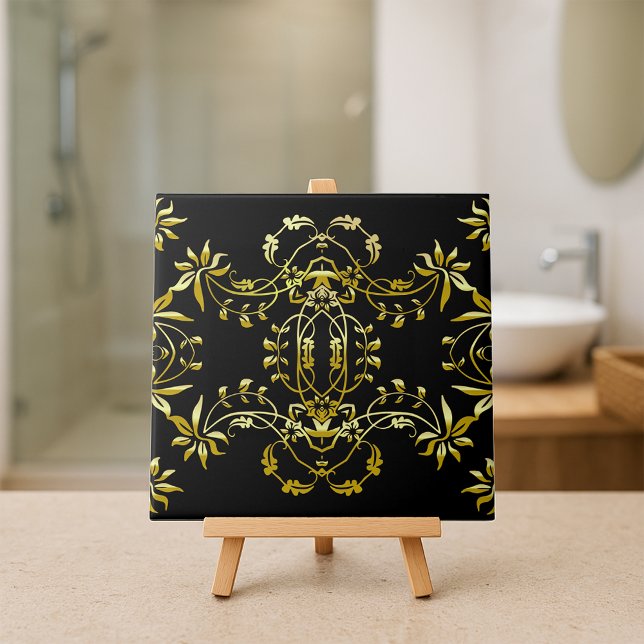 Elegant Classic Leafy Gold Ornaments On Black Ceramic Tile (Creator Uploaded)