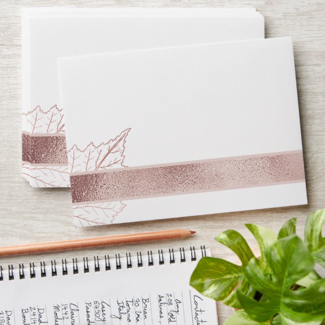Elegant Classic Matt Rose Gold Leaves Wedding Envelope (Stacked)