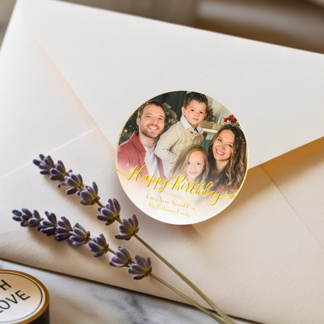 Elegant Classic Modern Custom Photo White and Gold Classic Round Sticker (Creator Uploaded)