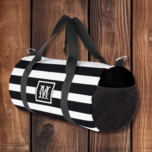 Elegant Classic Monogram. Black & White Stripes  Duffle Bag (Classic Thick Black & White Stripes with Monogram Duffle Bag. Elegant Bag!)
