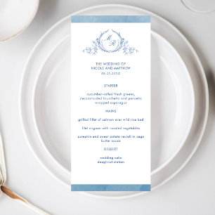 Elegant Classic Monogram Blue Watercolor, Wedding Menu