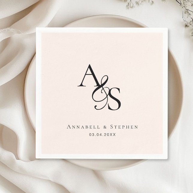 Elegant, Classic, Monogram, Blush-Beige, Wedding Napkin (Elegant, Classic, Monogram, Blush-Beige-White, Wedding Napkin with your name and date.)