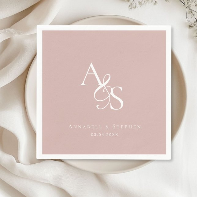 Elegant, Classic, Monogram, Blush-Rose, Wedding Napkin (Elegant, Classic, Monogram, Blush-Dusty-Rose, Wedding Napkin with your name and date.)
