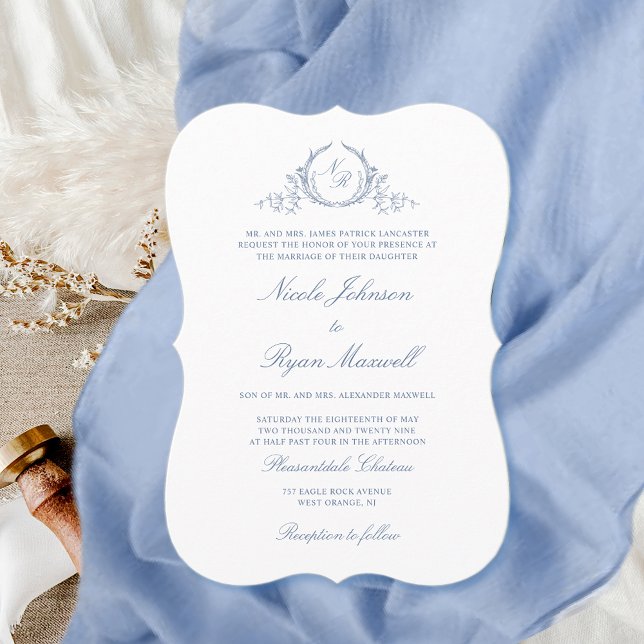 Elegant Classic Monogram Dusty Blue Wedding Invitation (Creator Uploaded)