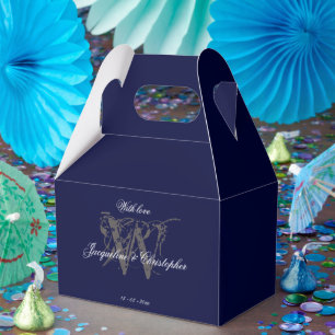 Elegant Classic Monogram & Names Navy Blue Wedding Favour Box