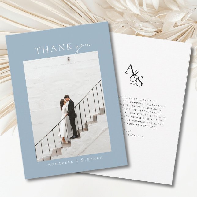 Elegant, Classic, Monogram, Thank you! 1 Photo Thank You Card (Elegant, classic, monogram, powder-blue-white, wedding 1 photo "Thank you" card.)