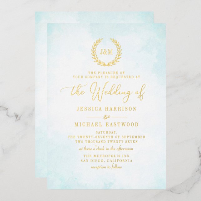 Elegant Classic Monogram Turquoise Gold Wedding (Front/Back)