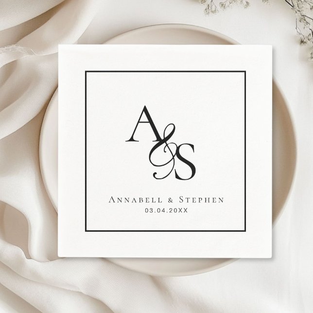 Elegant, Classic, Monogram, Wedding Napkin (Elegant, Classic, Monogram, White, Wedding Napkin with your name and date.)