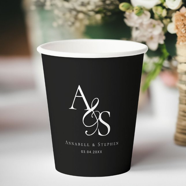 Elegant, Classic, Monogram, Wedding Paper Cups (Elegant, Classic, Monogram, Black, Wedding Paper Cups with your name and date.)