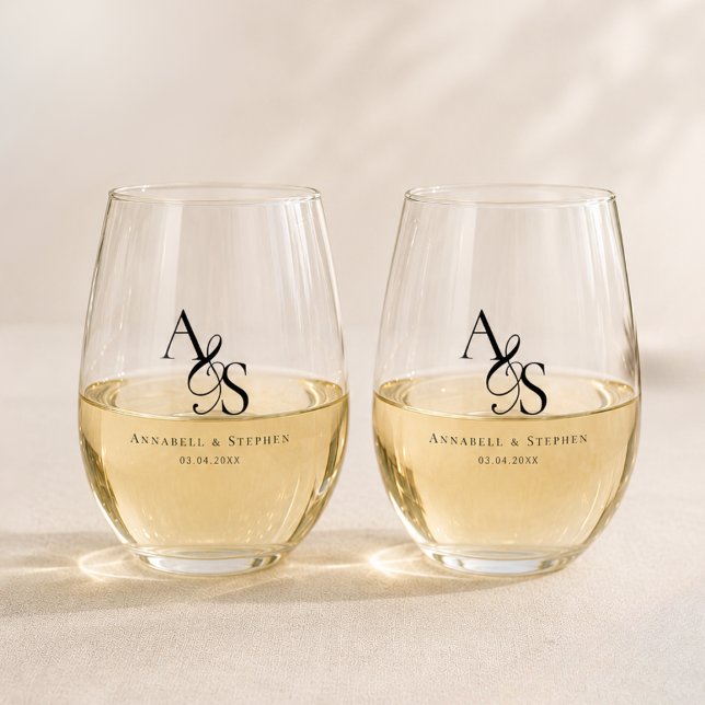 Elegant Classic Monogram Wedding Stemless Wine Glass (Elegant Classic Monogram Ampersand Wedding Stemless Wine Glass)