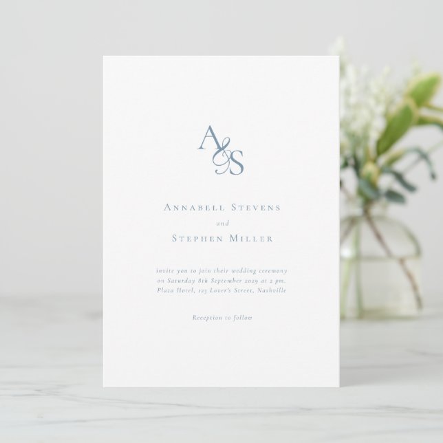 Elegant Classic Monogram White Blue Wedding Invitation (Standing Front)