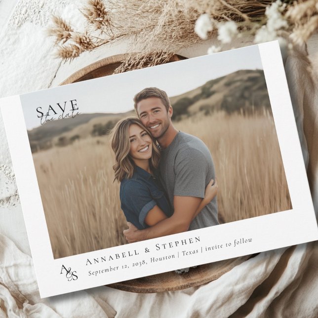 Elegant, Classic, Monogram, White, Wedding 1 Photo Save The Date (Elegant, Classic, Monogram, White, Wedding 1 Photo Save The Date Carf.)