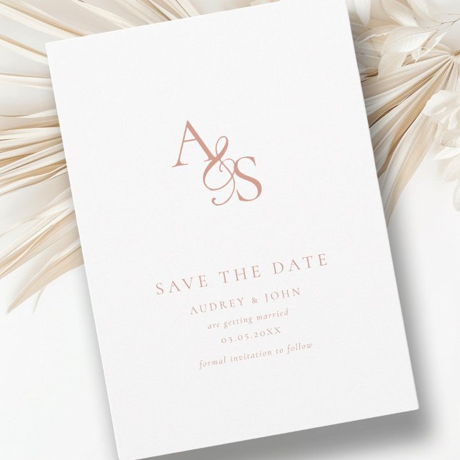 Elegant, Classic, Monogram, White, Wedding Save The Date (Elegant, classic, monogram, white & copper, Save the Date Card. Print + Download available.)