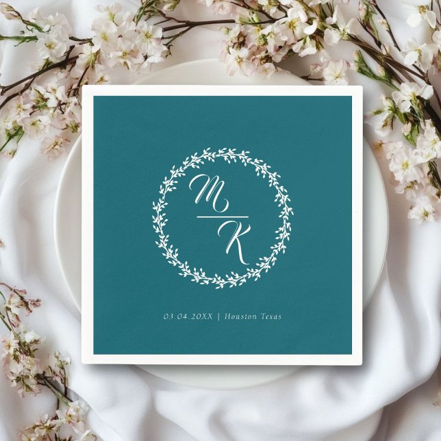 Elegant, classic monogram wreath napkin (Personalized, elegant, classic teal wedding napkin, simple wreath, with your monograms & text.)