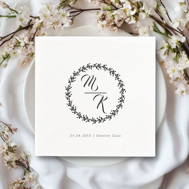 Elegant, classic monogram wreath napkin (Personalized, elegant, classic white wedding napkin, simple wreath, with your monograms & text.)