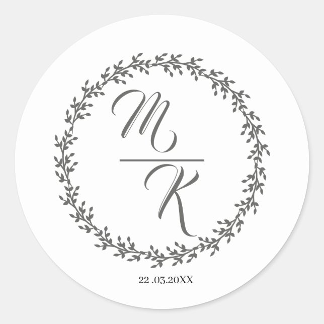 Elegant, classic monogram wreath round sticker (Front)