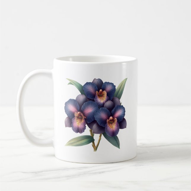 Elegant classic navy blue and purple orchid coffee mug (Left)